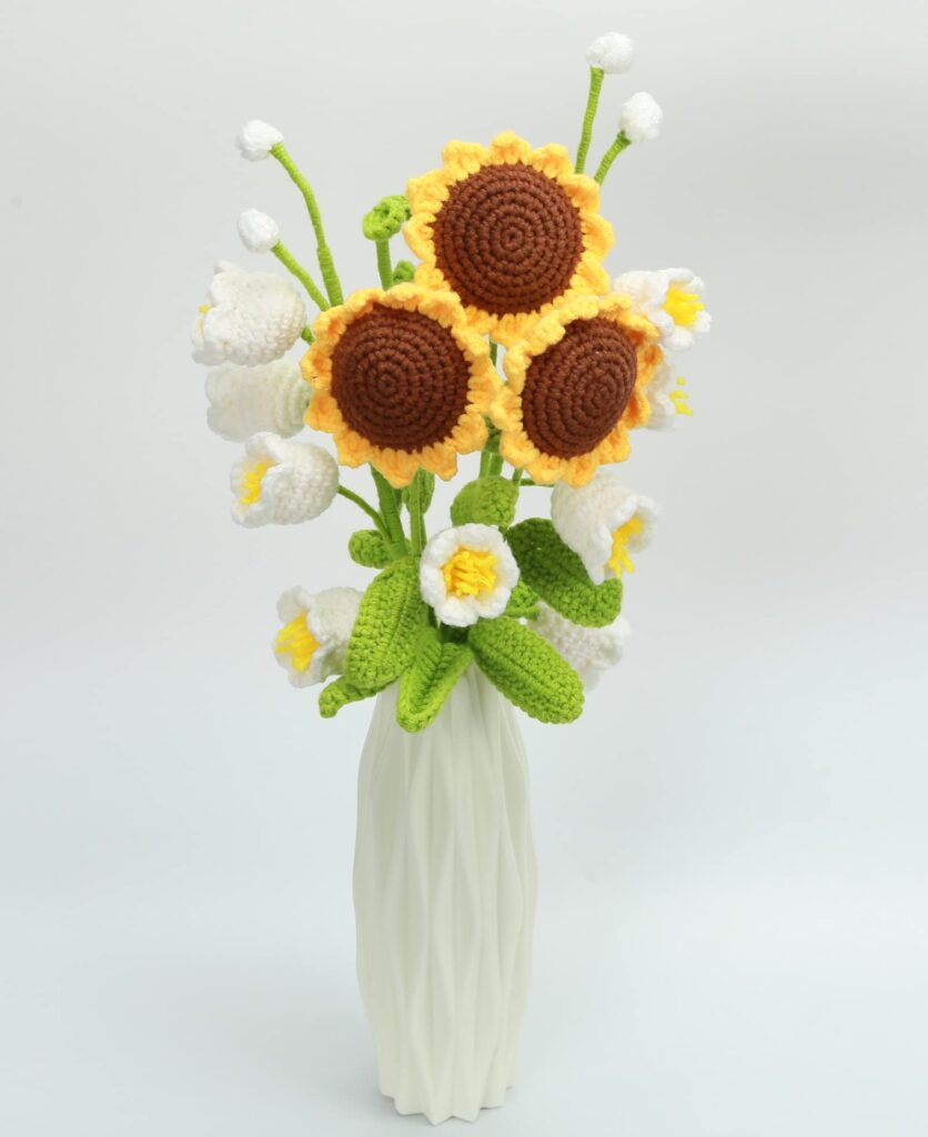 crocheted sunflowers in a vase